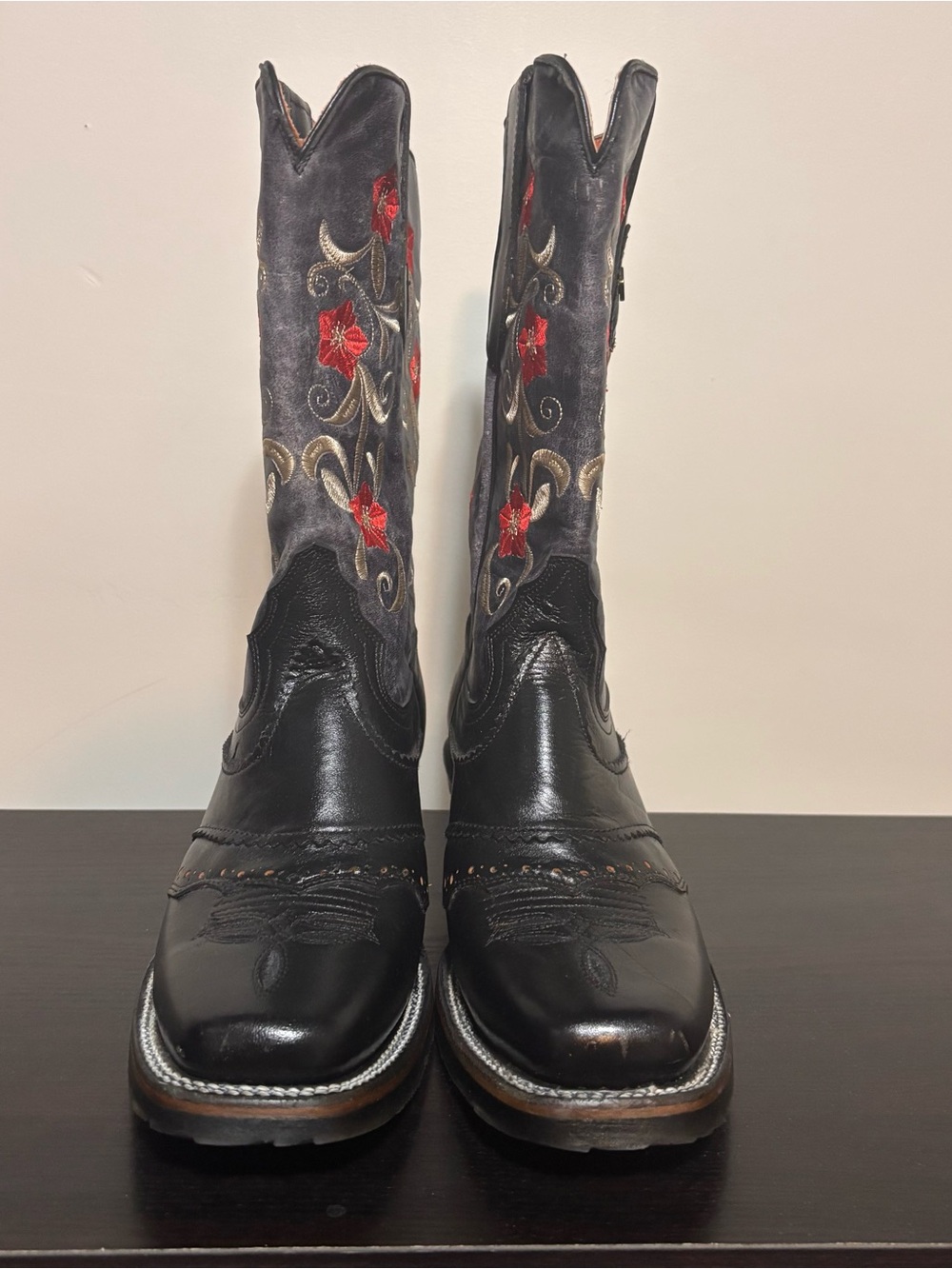 Embroidered Black Leather Western Cowboy Boots with Red Floral Accents | NWOT